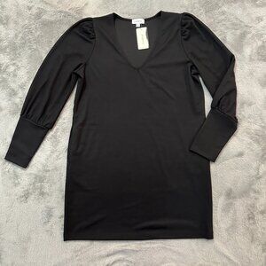 NWT Evereve Black Kenzie Shift Dress MEDIUM V-Neck Puffed Long Sleeves Pockets